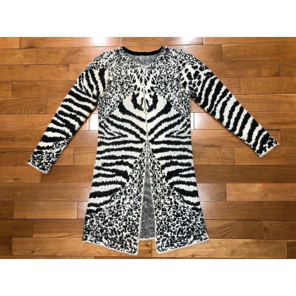 Liquid by Sioni Black & White Animal Print Full Length Fuzzy Cardigan Duster - S